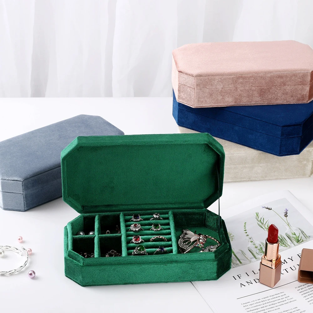 Octagonal Velvet Portable Travel Jewelry Box Mini Jewelry Organizer for Earrings Rings Bracelets Necklaces Storage Case