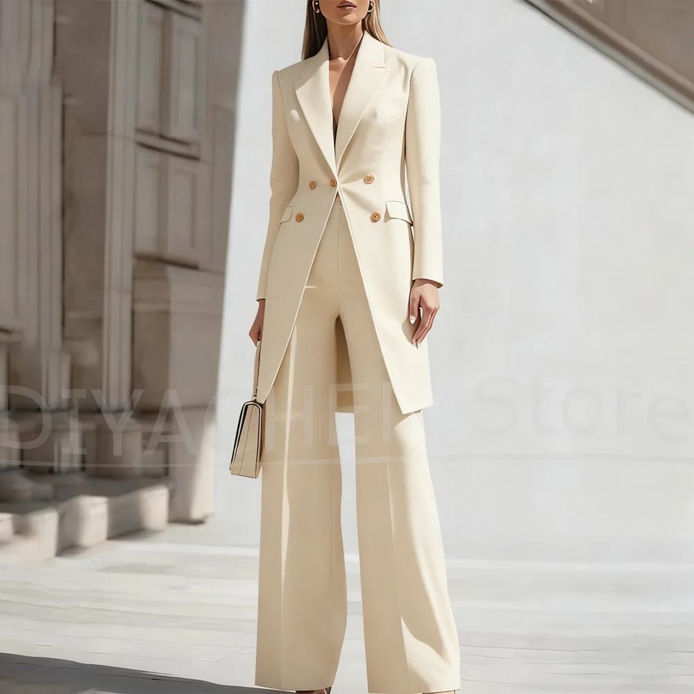 

Women's Double Breasted Suit Set Long Blazer with Pants Fashion Office Casual Formal Wedding Party Outfits Slim Two Piece