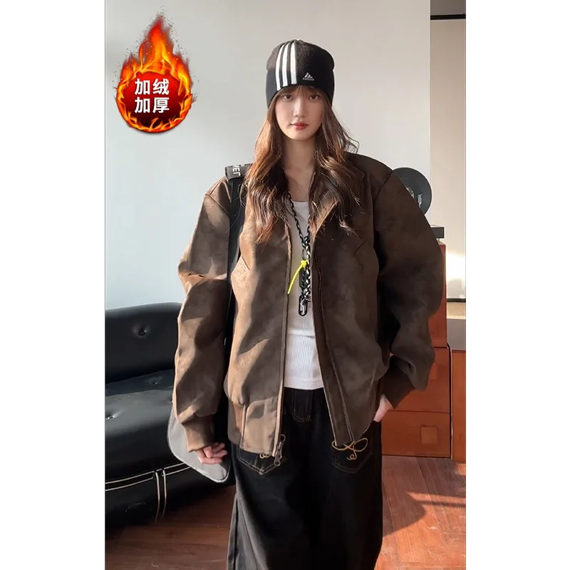 Unisex Brown Vintage Suede Bomber Jacket Fleece Lined Thickened Stand Collar Full Zip Loose Warm Winter Streetwear Outer Coat