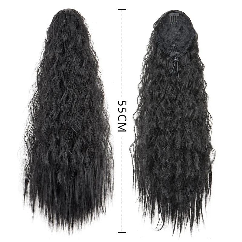 22Inch Synthetic Kinky Curly Ponytail Hair Short Fluffy Curly Drawstring Clip Hair Extension Black Hairpiece for Women