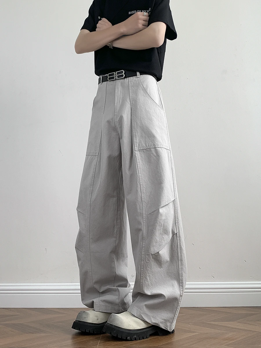 American Retro Pleated Casual Pants Men's Spring Autumn Large ket Pure Cotton Workwear Loose Wide Leg Straight Leg Trendy