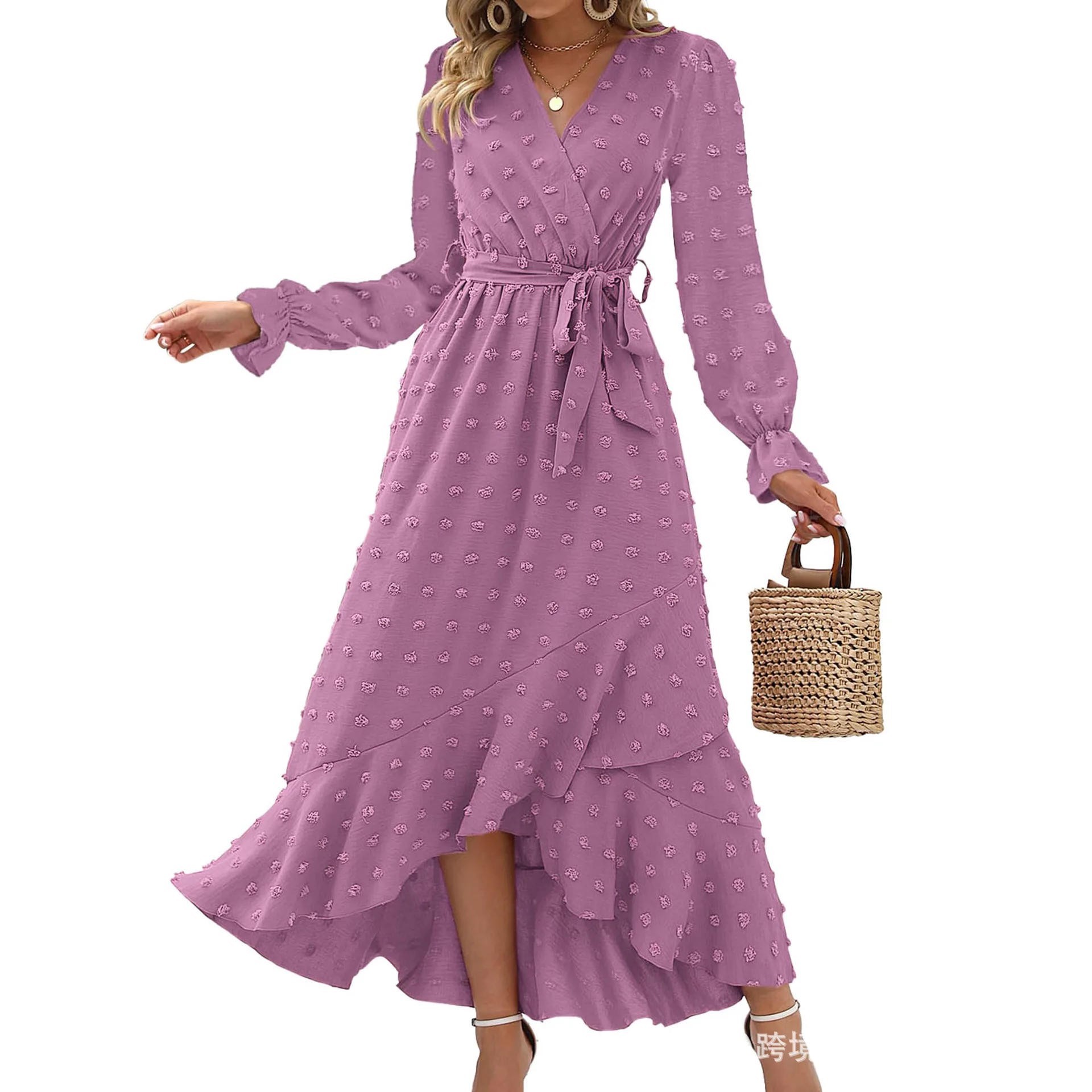 Women's Long Sleeve Dress Spring Summer Female Dress Polka Dot Jacquard Long Dress Wedding Party Dress Women's Summer Clothing