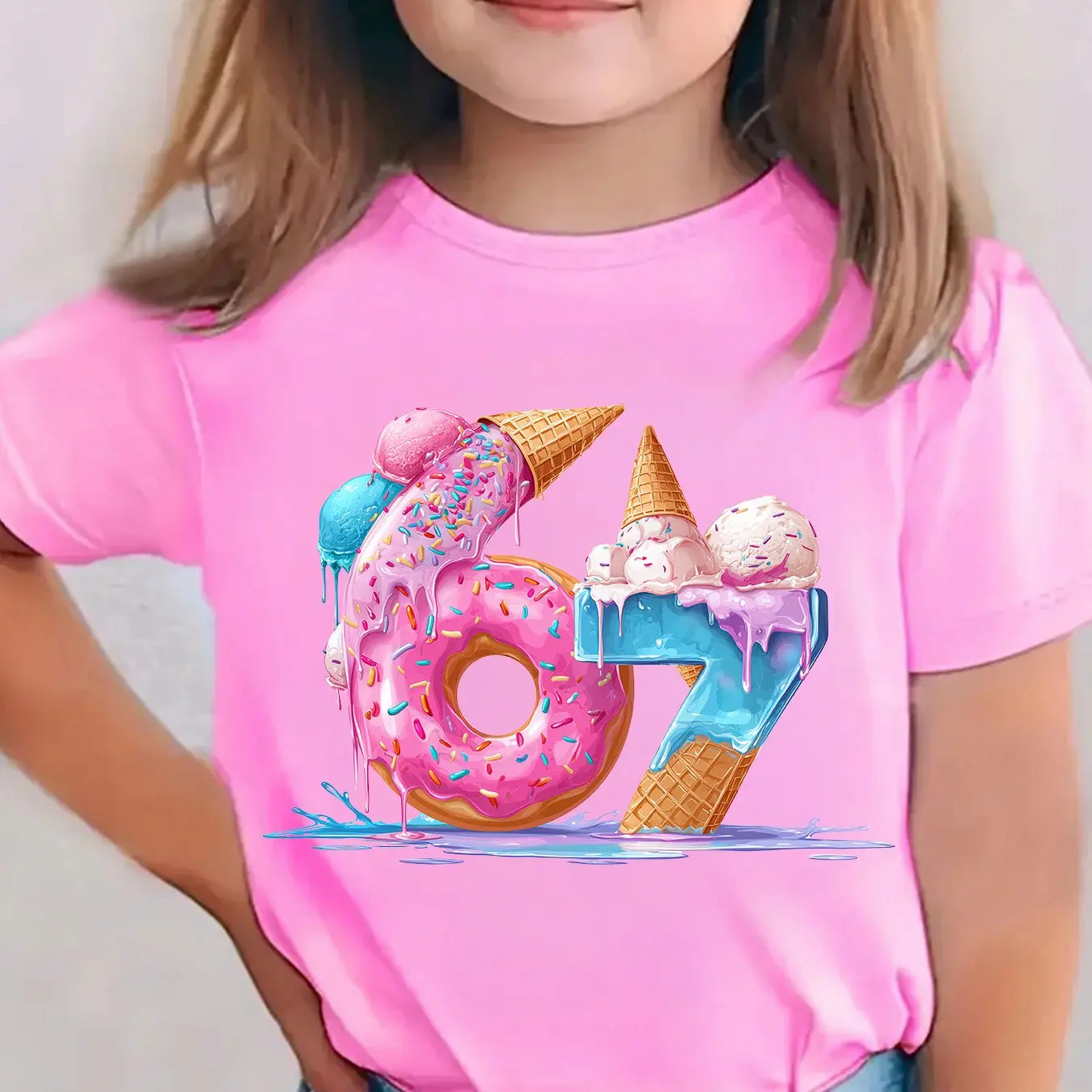 Sweet Donut Ice Cream 67 Graphic Kids Short Sleeve T Shirt Soft Breathable Summer Casual Children Daily Wear Birthday Party Top