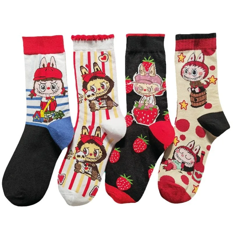 Nouveau 4 paires de chaussettes Labubu femme haute qualité automne et hiver dessin animé coton peigné mi-mollet chaussettes pour hommes et femmes taille moyenne