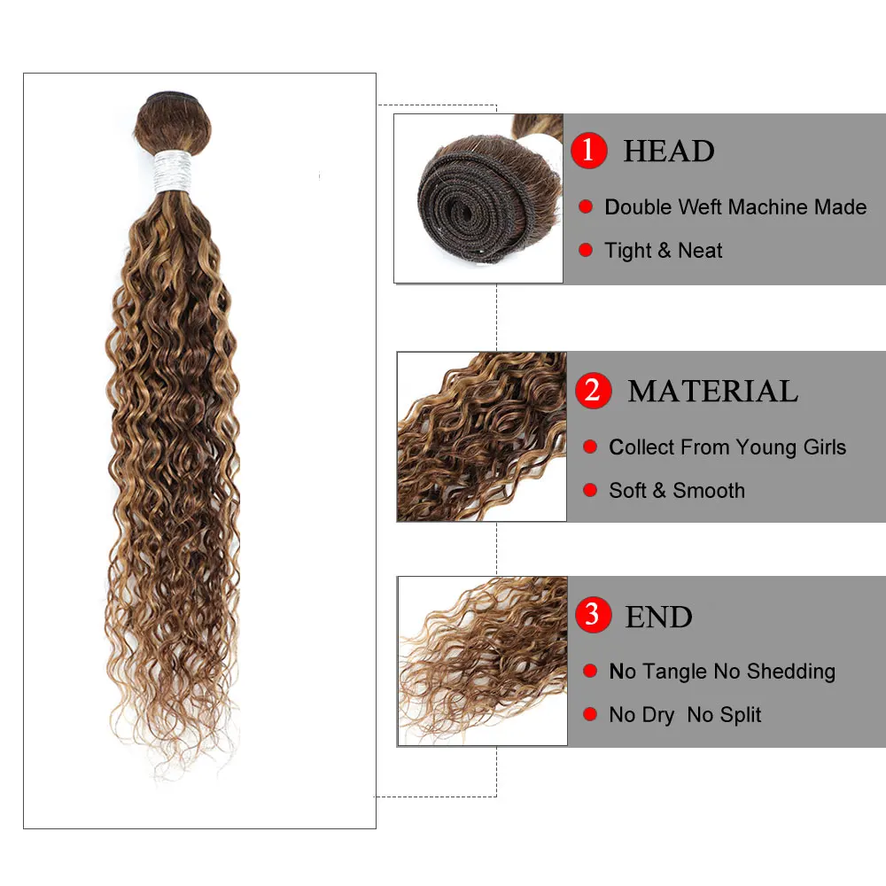 Linhua-Highlight Water Wave Pacotes de cabelo humano, Ombre Brown Honey Blonde, trama, 8 a 30 ", 1 3 4