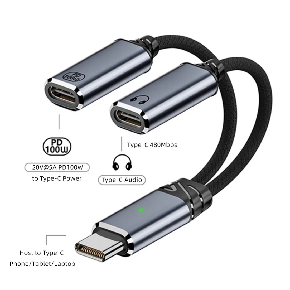 USB-C Type-C Male to Dual Female Audio DAC AUX Music 16bit 48kHz & 100W PD Power Cable for Laptop Tablet Phone