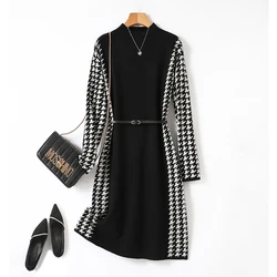 Autumn Winter Women Fashion Clothes Bird Lattice Jacquard Spliced Wool Dresses Loose Casual Chic Belt Knitted Simple Dress