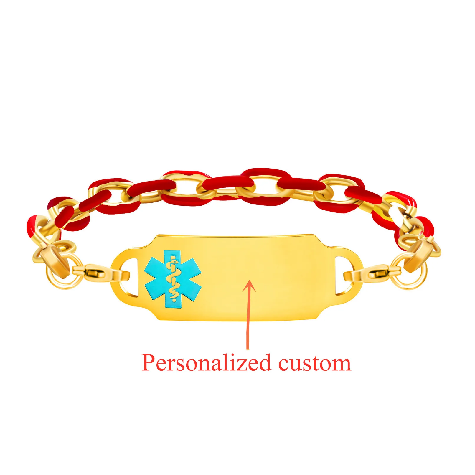 UJBOX DIY Custom Medical Alert Bracelets for Women Gold Plated Stainless Steel Red Enamal 7.3in-8.66in Fashion Jewelry A5027