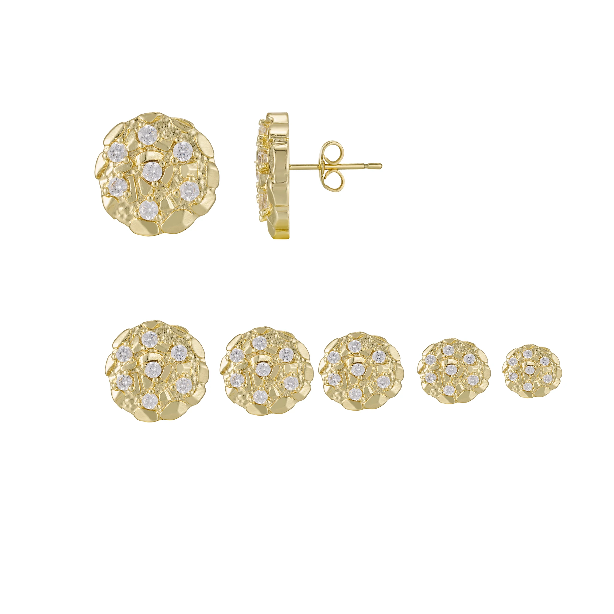 Hip Hop Style round Nugget Stud Earrings 8mm-16mm Diamond Crystal CZ Cubic 14K Gold Plated for Men And Women USA Street Culture