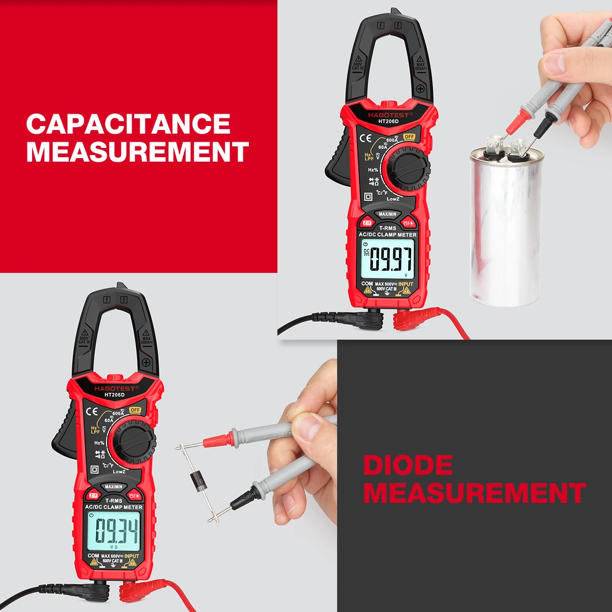 HT206D AC DC Digital Clamp Meter Multimeter Pinza Amperimetrica True RMS High Precision Capacitance NCV Ohm Hz Tester