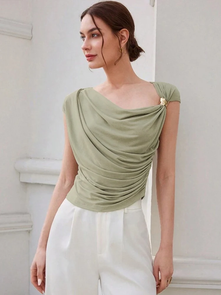 

Weird Puss нерегулярные топы с металлическими узлами, женские сексуальные плиссированные узкие эластичные однотонные повседневные простые уличные базовые футболки