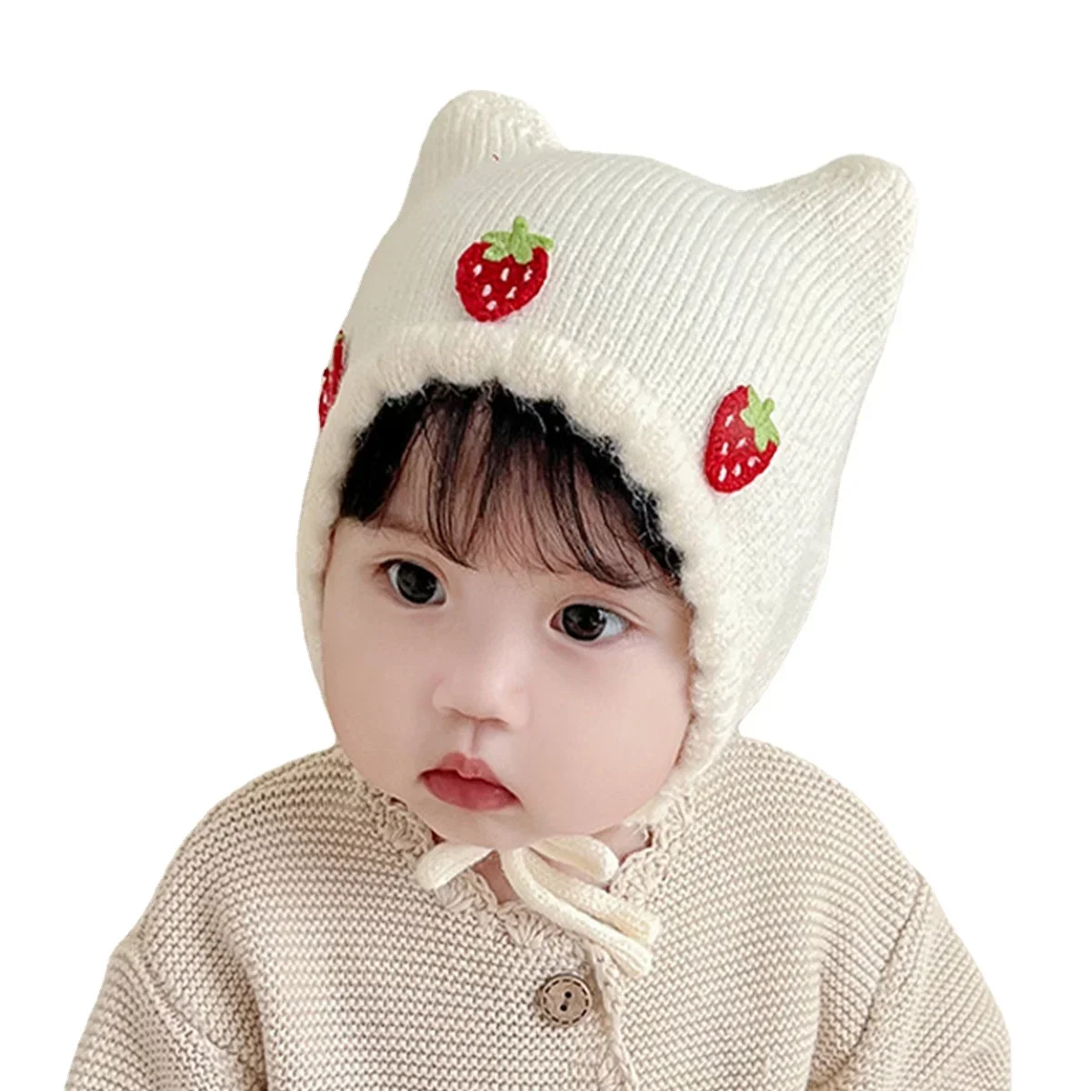 Autumn Winter Baby Girl Hat Cute Strawberry Ear Infant Beanies Cap Toddler Girls Cap Warm Infant Hats for Girls