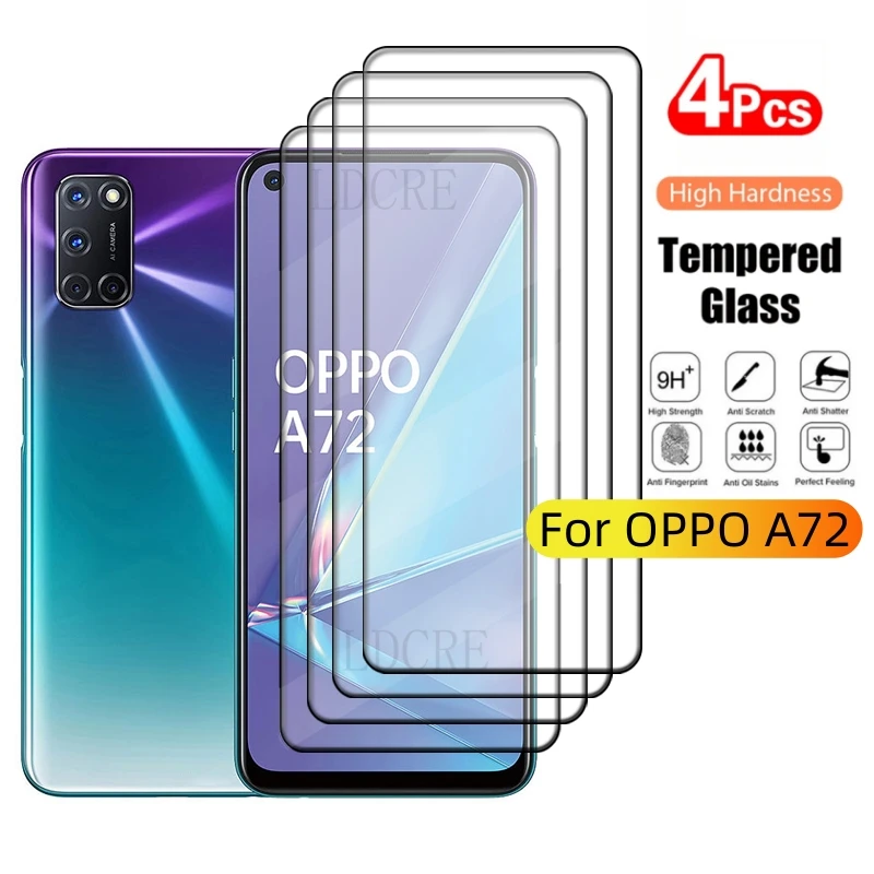 Película de vidro temperado para oppo a72, protetor de tela, cobertura total, cola 9h hd, para oppo a72, oppoa72, 4pcs