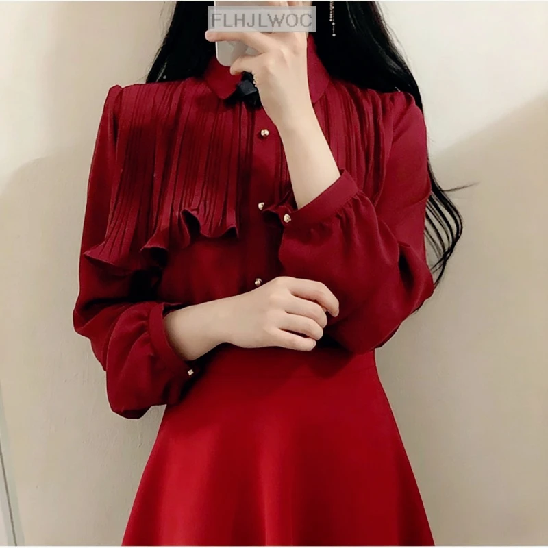 2026 Spring Women\'s Cute Sweet Vintage Ruffled Tops Hot Sales Button Elegant Formal Shirts Blouses White 12016