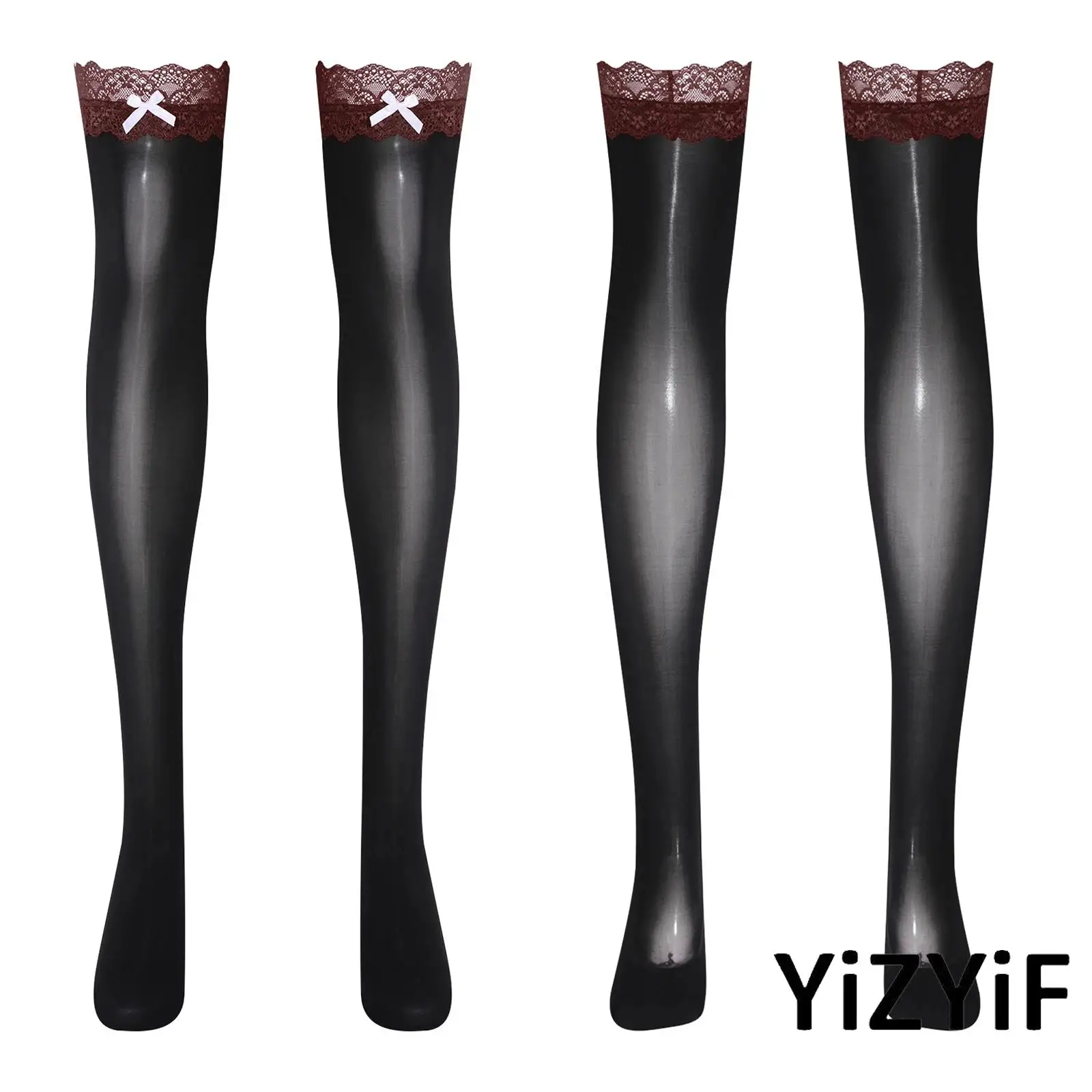 

Sexy Womens Glossy Miniskirts Shorts Accessory Stockings with Lace Trim And Cute Bow Thigh-high Stretchy Socks