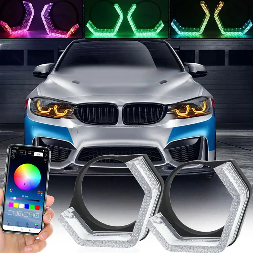2pcs 3 Inch 5D RGB LED Angel Eyes Halo Rings Headlight Rectangular DRL Covers Car Light Accessories