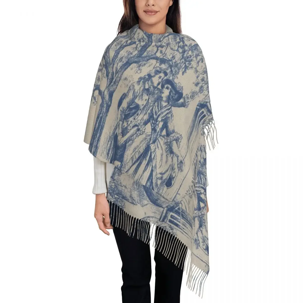 Female Long Vintage Classic French Toile De Jouy Navy Blue Motif Pattern Scarves Winter Fall Thick Warm Tassel Shawl Wrap Scarf