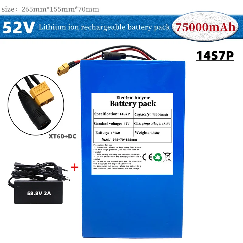 18650 Lithium Battery Pack 52V 75Ah Electric Vehicle, Electric Bicycle, Moped, Sightseeing Car, Driving Battery...