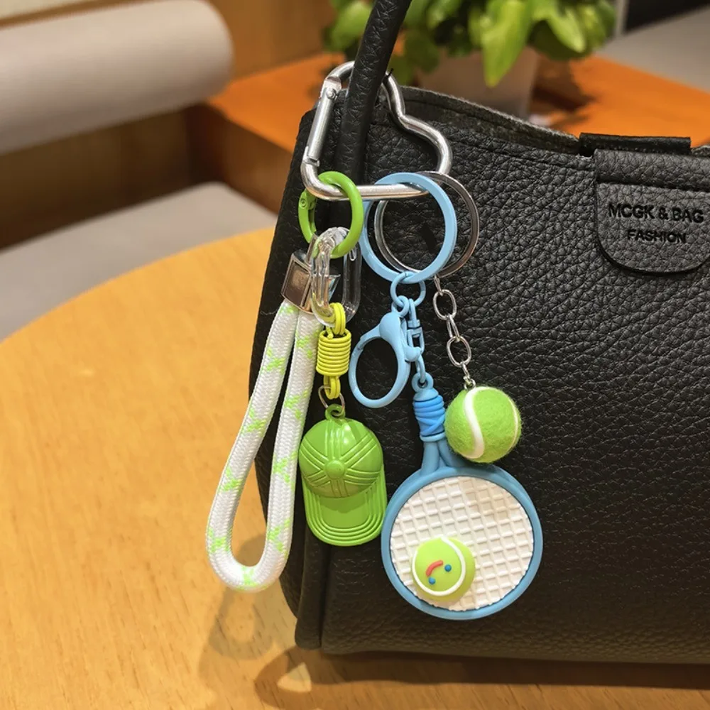 Creative Tennis Ball Tennis Racket Keychain PVC Baseball Cap Backpack Pendant Car Hanging Keyring Women Man
