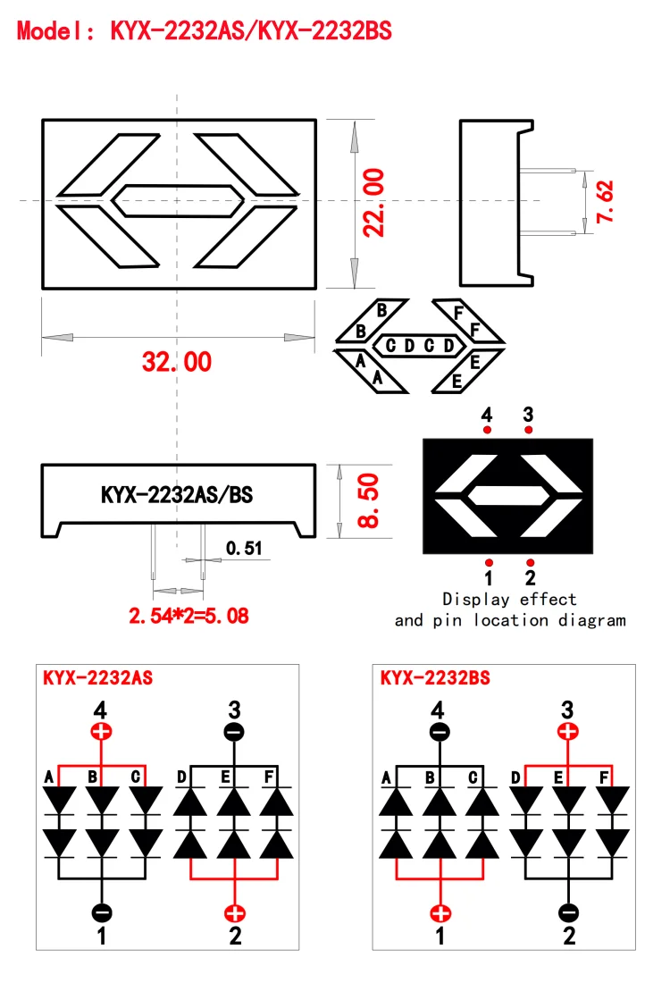 10PCS 32X22mm Arrow Indicator Light 1-inch Red Double Arrow LED Display KYX-2232AS/KYX2232BS