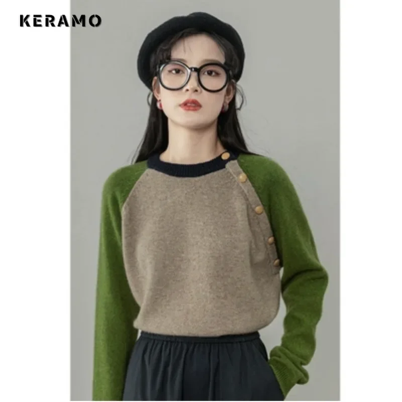 

Women's Vintage Patchwork Knitting Long Sleeve Casual Pullovers 2023 Winter Round Neck Contrast Color Female Sweater Top