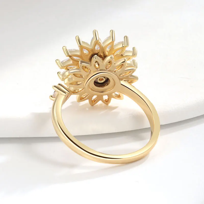 Gold Color Copper Crystal Anxiety Relife Spinning Ring For Women Enamel Sunflower Rotate Freely Anti-Stress Rotating Rings view 3