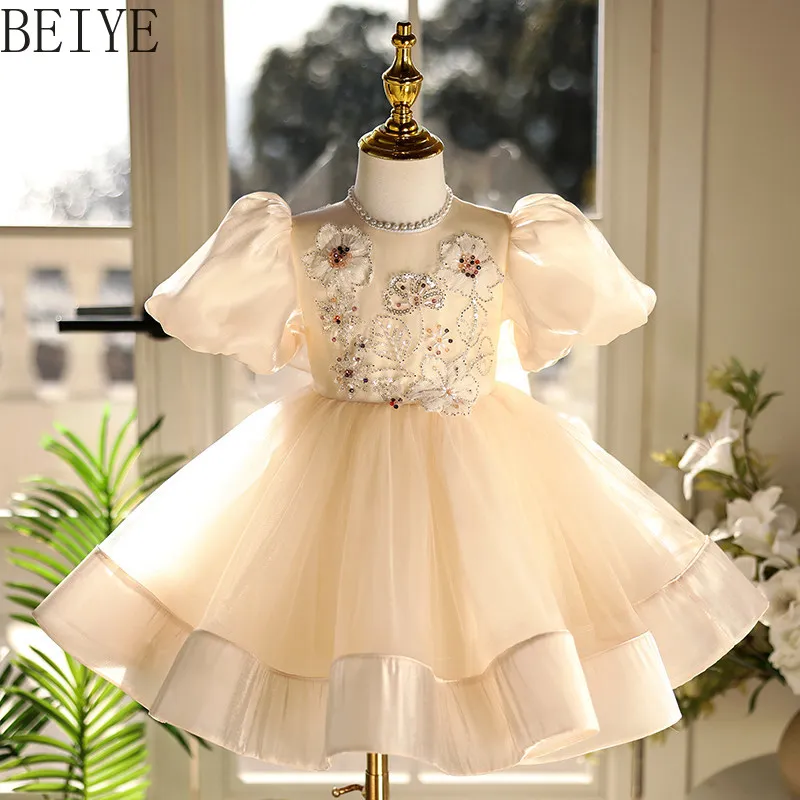 

Champagne Beaded Puff Sleeve Tulle Princess Dress for Baby Girls Embroidery Formal Party Gown Children Wedding Flower Dress