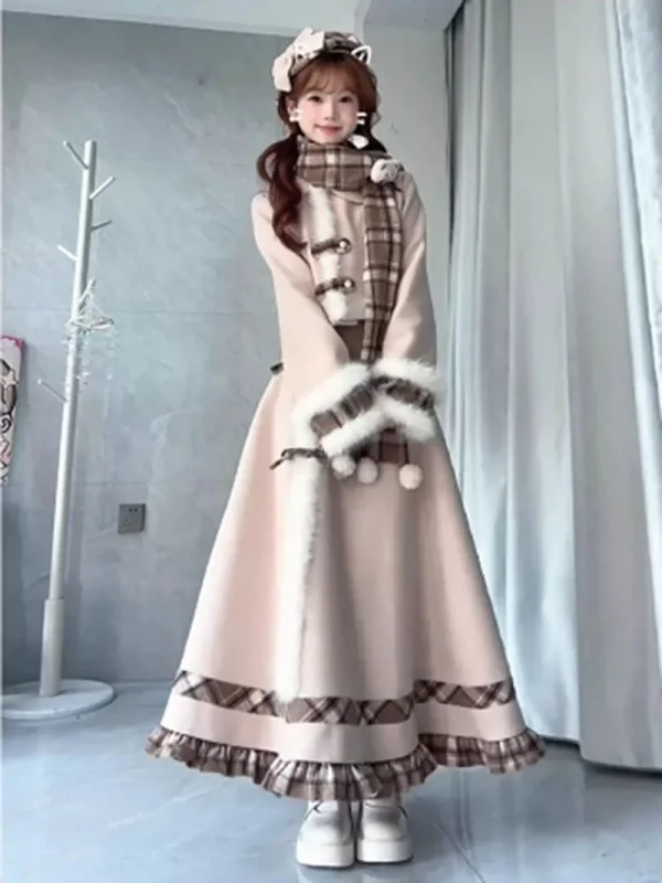 Winter Atmosphere Sweet Missy Style Woolen Skirt Set Women's Autumn Winter Coat Scarf Christmas Costume Fashionable Outfit