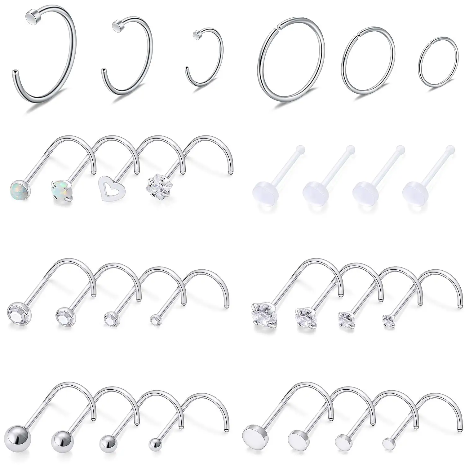 20G Stainless Steel Screw Bend Nose Stud Rings 1.5‑3mm Clear CZ Tragus Lip Hoop Piercing Jewelry 8‑30PCS for Women Men