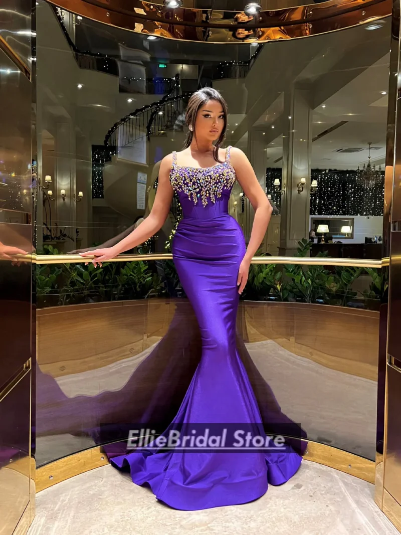 흑인 소녀를위한 매력적인 어두운 보라색 이브닝 드레스 럭셔리 크리스탈 인어 웨딩 파티 드레스 vestidos de fiesta 맞춤형