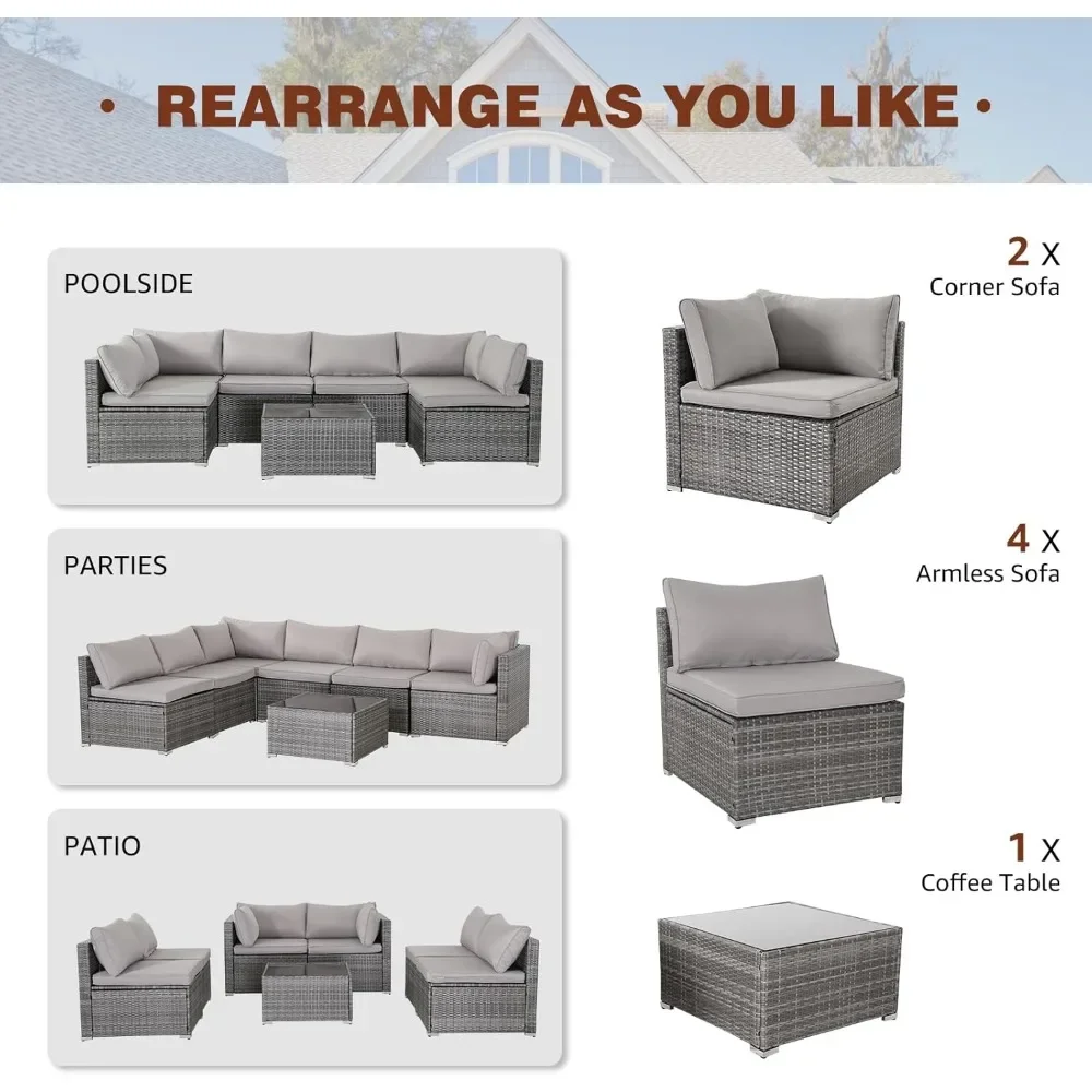 Set furnitur teras 7 buah, Set perabot teras Modular, Set Sofa anyaman luar ruangan, Set percakapan teras anyaman rotan PE