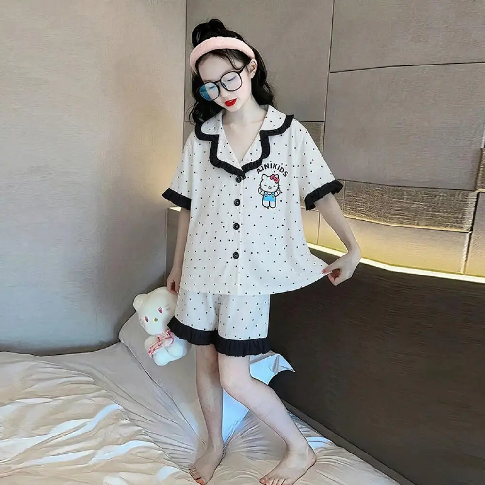 

Пижамы Sanrio Hello Kitty для девочек, новинка лета 2026, тонкий детский костюм с короткими рукавами, милый комплект для девочек, домашняя одежда для больших детей, верхняя одежда
