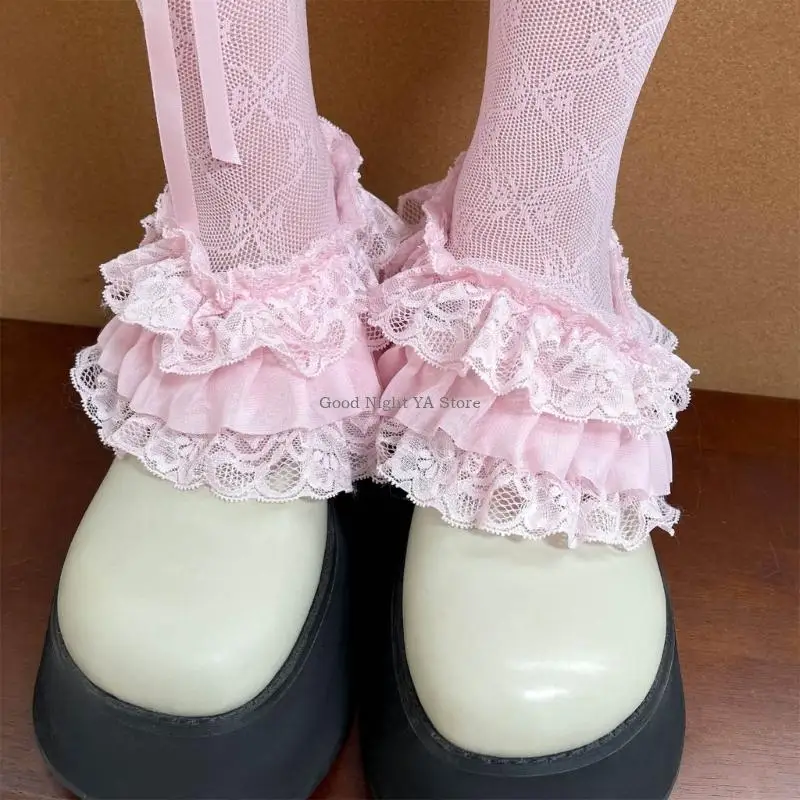 Pink and White Ruffled Leg Warmers for Women, Tiered Lace Patchwork Leg Covers With Ribbon Bows for Layered Skirt and Boot