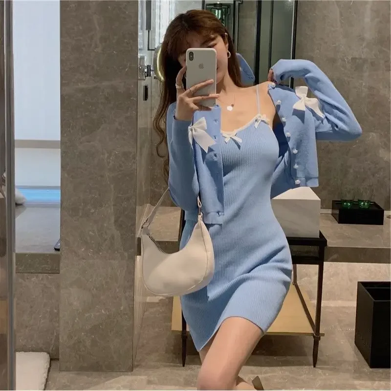 Short Knit Mini Blue Women\'s Two Piece Set Dress Mature Slim Fit Beach Female Outfits Crochet Kawaii Commuting Long Sleeve Korea