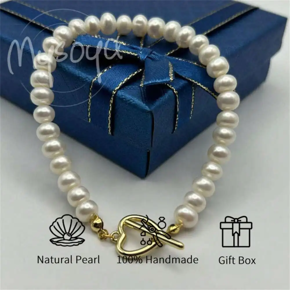

MYSOYA White Freshwater Pearl Bracelet 6-7mm Pearls Gift Box Gift for Her Wedding Jewelry Christmas Birthday New Year Gift