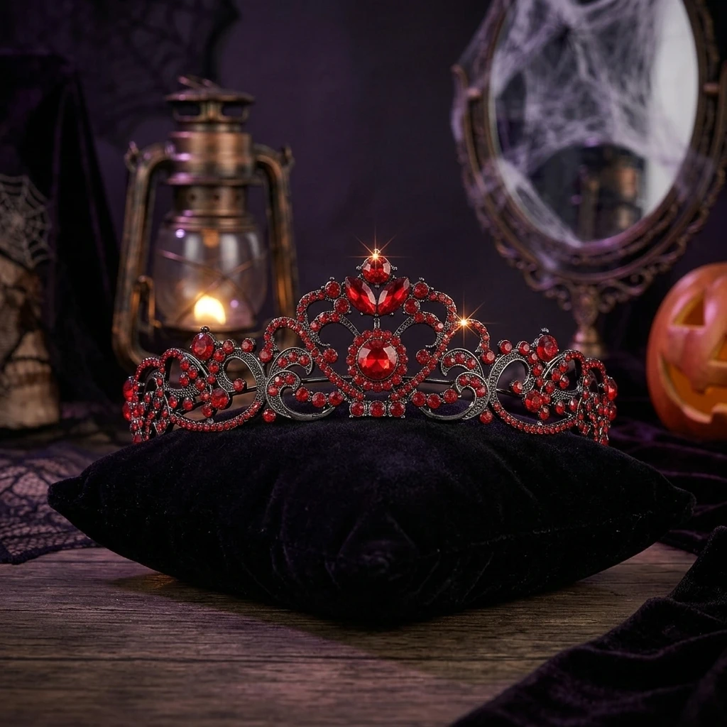 Gothic Style Black/Red/Green Rhinestone Crown Headpiece for Halloween Party Cosplay Headband Bride Wedding Hair Jewelry view 6