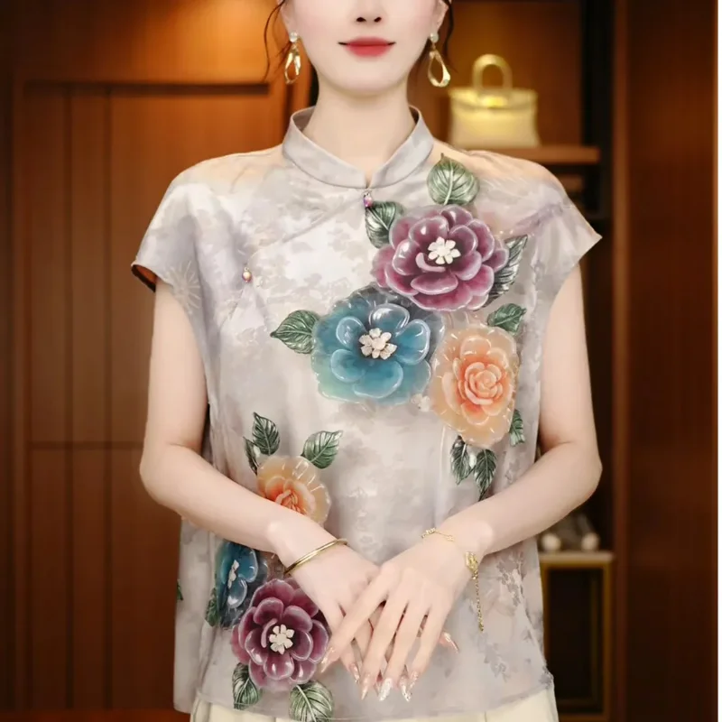 

Chinese Style Stand Collar Sleeveless Blouse For Women Floral Print Embroidery Summer Vintage Top