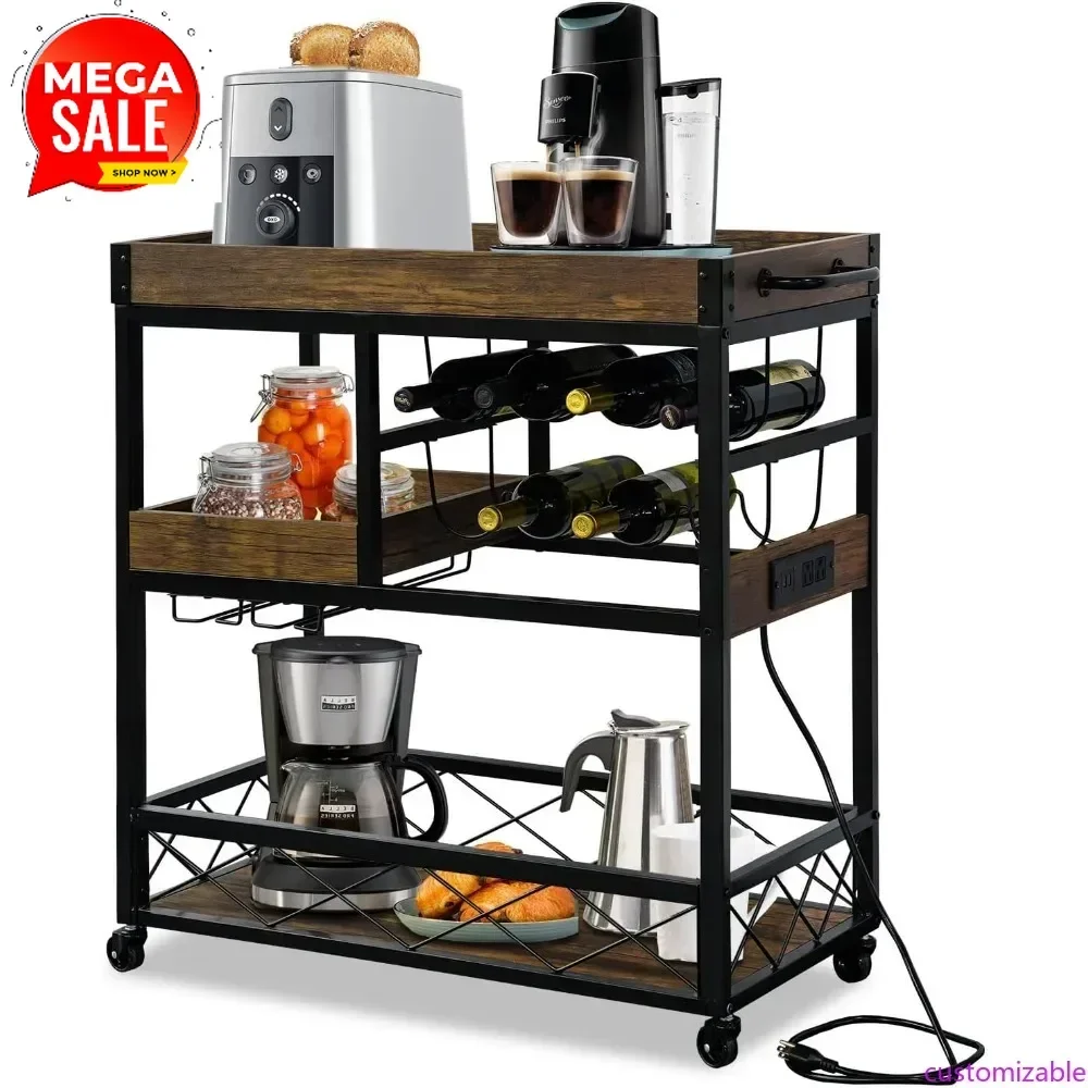 Hot-sellingIndustrial-Style Kitchen Cart with Power Outlet, Wine Rack, and Glass Holder for Coffee Bar Station