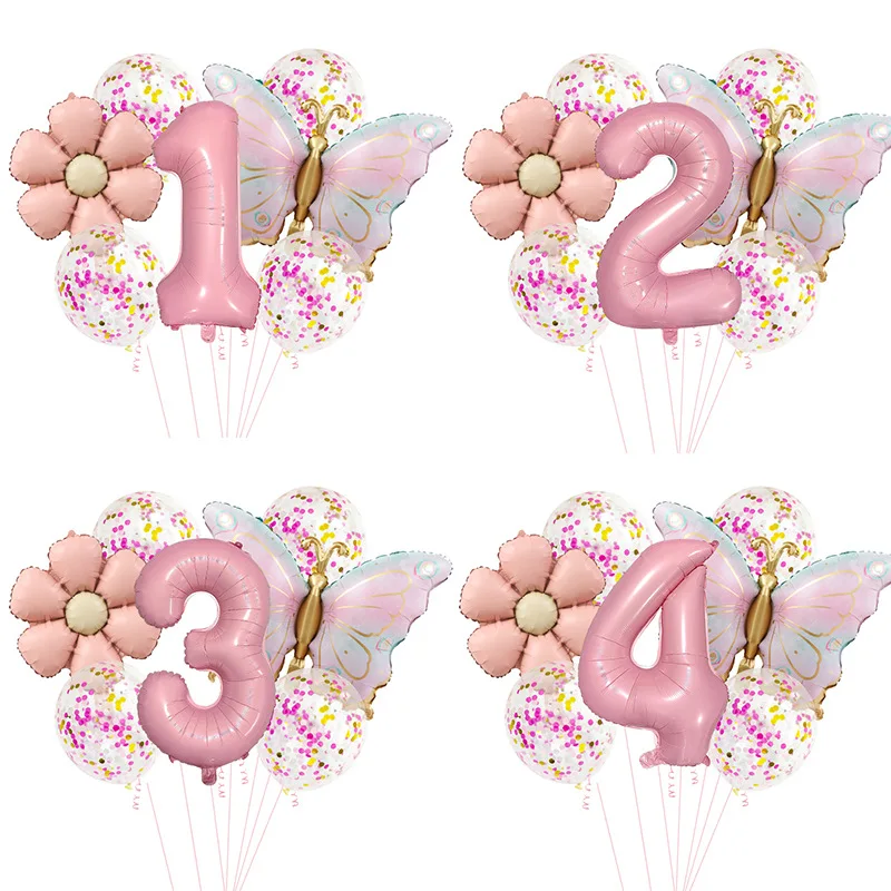 9-teiliges mattes Gänseblümchen-Rosa-Schmetterlings-Konfetti-Luftballons-Set, Latex-Dekoration für Geburtstagsfeier, Karnevalsveranstaltung, Kindertag