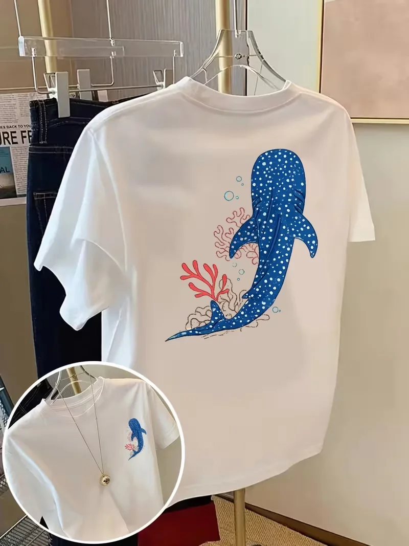 T-Shirt mit Walhai-Korallen-Grafik, Ozean-Meereslebewesen-Print, Rundhalsausschnitt, kurzärmeliges Oberteil, Sommerliches Alltags-Mode-T-Shirt für Pendler und Reisen – Detail 2