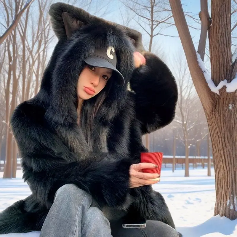 

​ ​ Женское пальто с капюшоном из искусственного меха и ушками животных — плюшевая и пушистая зимняя куртка для повседневной носки, комфорта на открытом воздухе ​ ​