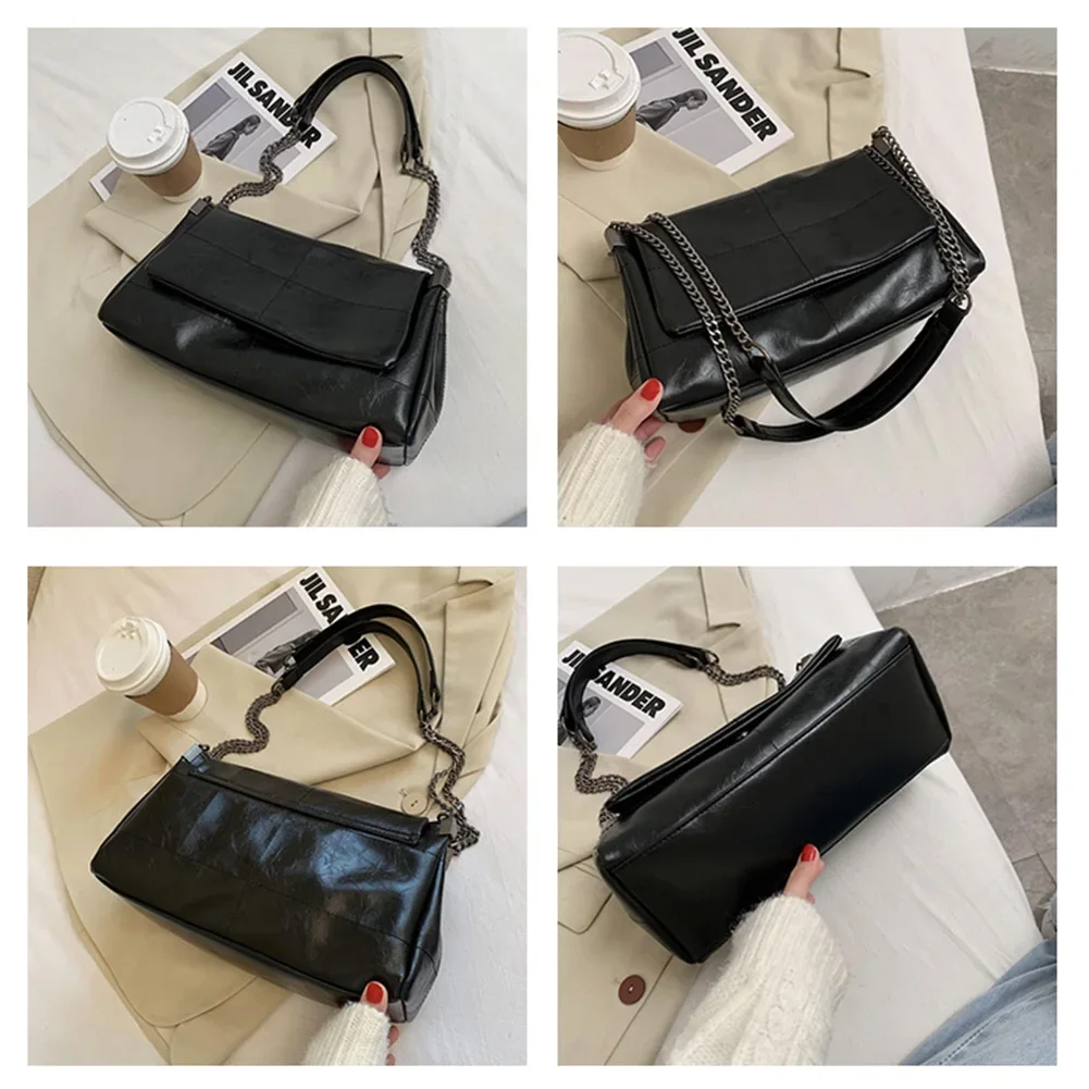 PU Leather Crossbody Bag Large Capacity Women Soft Shoulder Bag Adjustable Strap Solid Color Tote Bag Chain Strap Messenger Bag