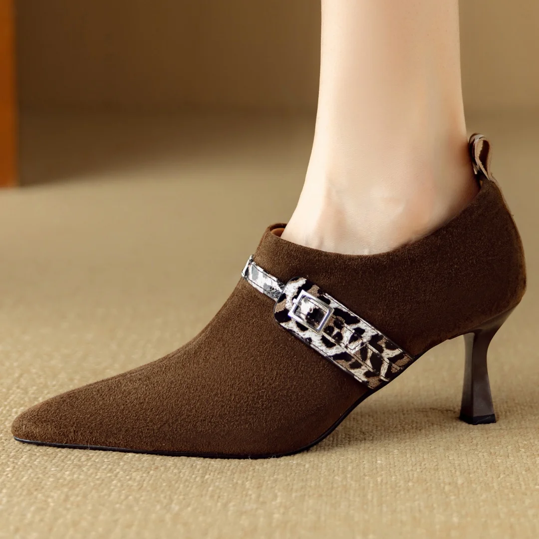 

Women's natural suede leather metal buckle pointed toe side zip high top pumps elegant ladies 6.5cm thin high heel heels shoes