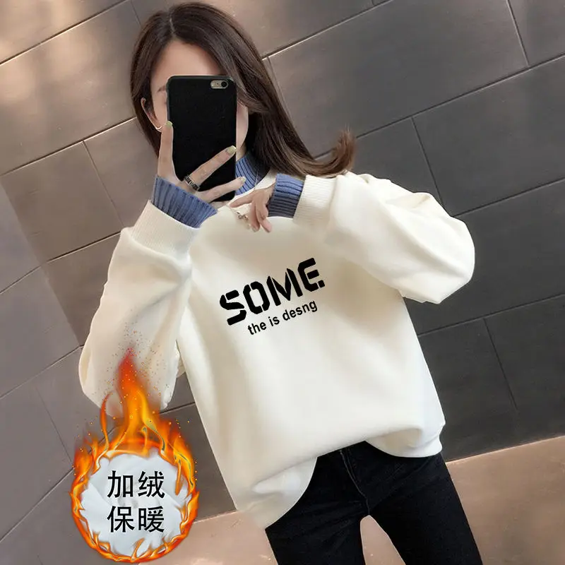 Autumn and Winter Women\'s Half High Collar Long Sleeve Fake Two Pieces Loose Pullers Fashion Casual All-match Office Lady Tops