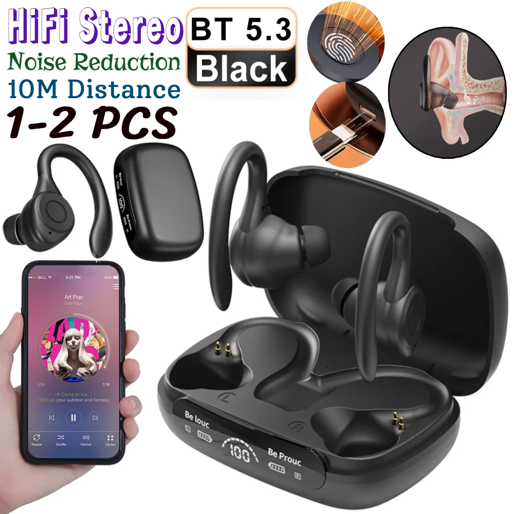 1/2Pcs Wireless Headset Ear Hook Waterproof HIFI Stereo Headphones Bluetooth 5.3 Noise Reduction Power Display Sports Earbuds