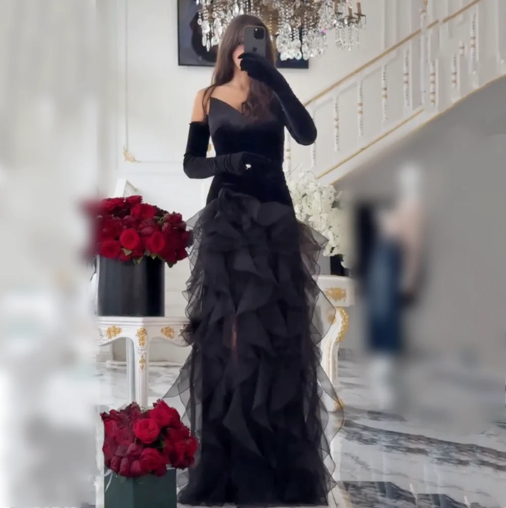 

Customized Elegant Chic Evening Dress sleeveless Pleat A-line Black Long Dresses Grace Party Gown High Quality Sexy