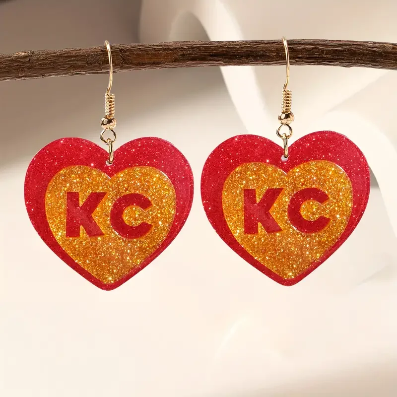 Elegant KC Letter Dangle Earrings - Heart & Teardrop Shapes Stainless Steel Posts Acrylic Perfect for Game Day & Parties