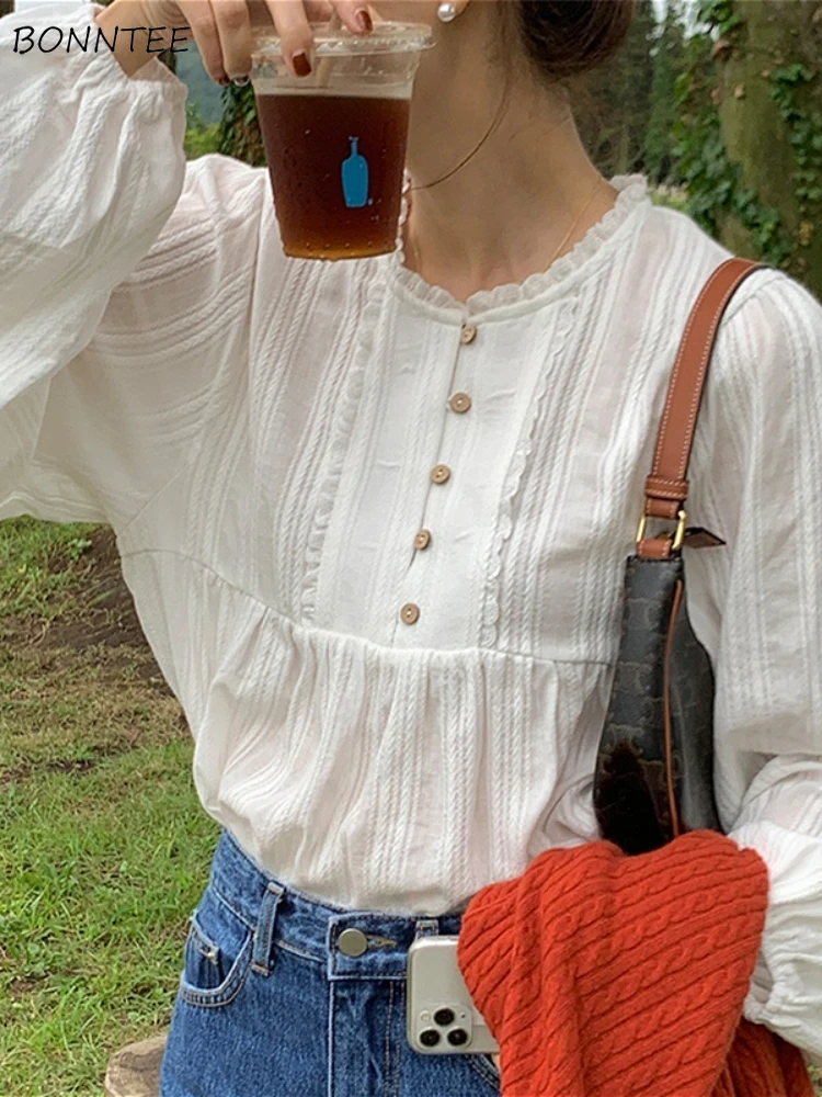 

Однотонная блузка для женщин, свободные складки, милые топы с рукавами-фонариками для девочек, повседневная мягкая литературная универсальная одежда Ulzzang