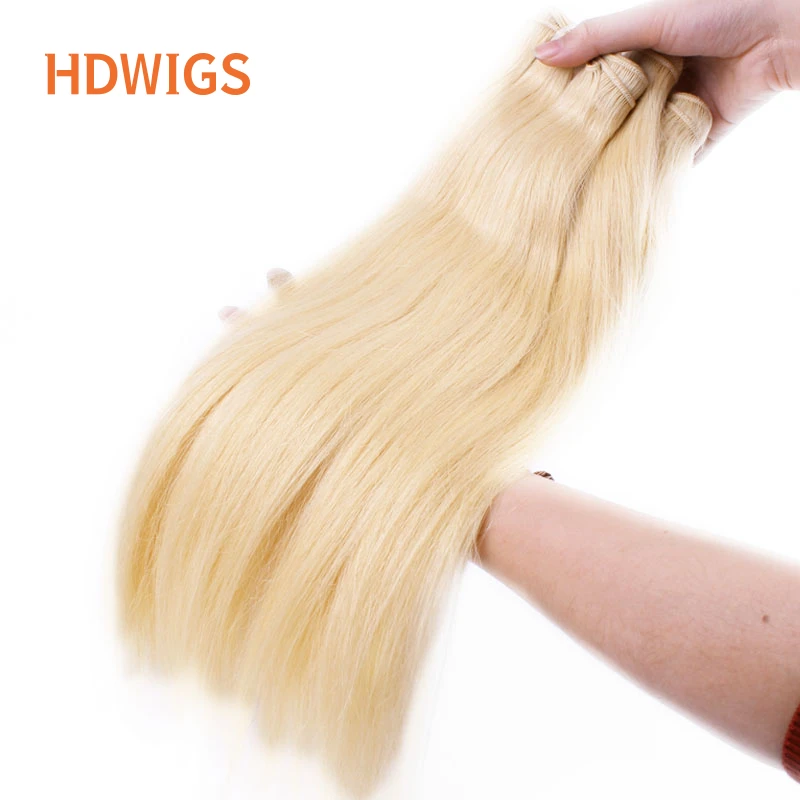 HDWIGS-Blonde Virgin Cabelo Humano Weaving Bundles para Mulheres, Straight, Double Drawn, Thick End, Natural, 613 #