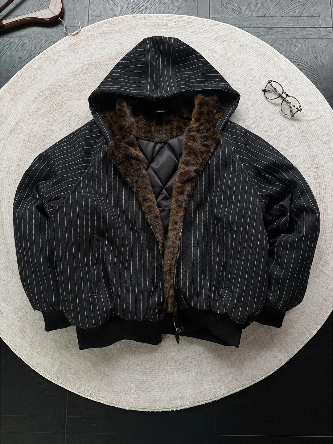 

American Leopard Print Cotton Jaet Men's Thiened Winter ort Hat Hooded Striped Youth Casual Warm Zipper Closure Coat